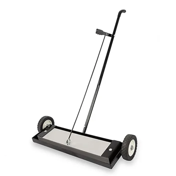 Flip release device with wheeled heavy-duty push-pull magnetic sweeper